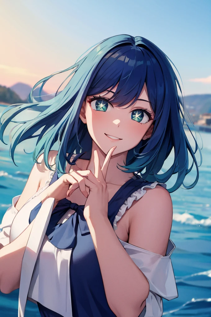 (masterpiece:1.3), ( best quality:1.1), (8k, Super detailed,  super high definition:1.2), (( Anime style )), Five perfect fingers,  Perfect Anatomy, 
 1 girl, Akane Kurokawa, 
Medium Hair, 
 blue hair , 
green eyes, Star-shaped pupils,
(medium breasts:0.8), smile, 
 staring at the viewer ,  sundress, White Dress, 
 upper body, 
Perfect light, Outdoor, Outside, summer, sea, null, 