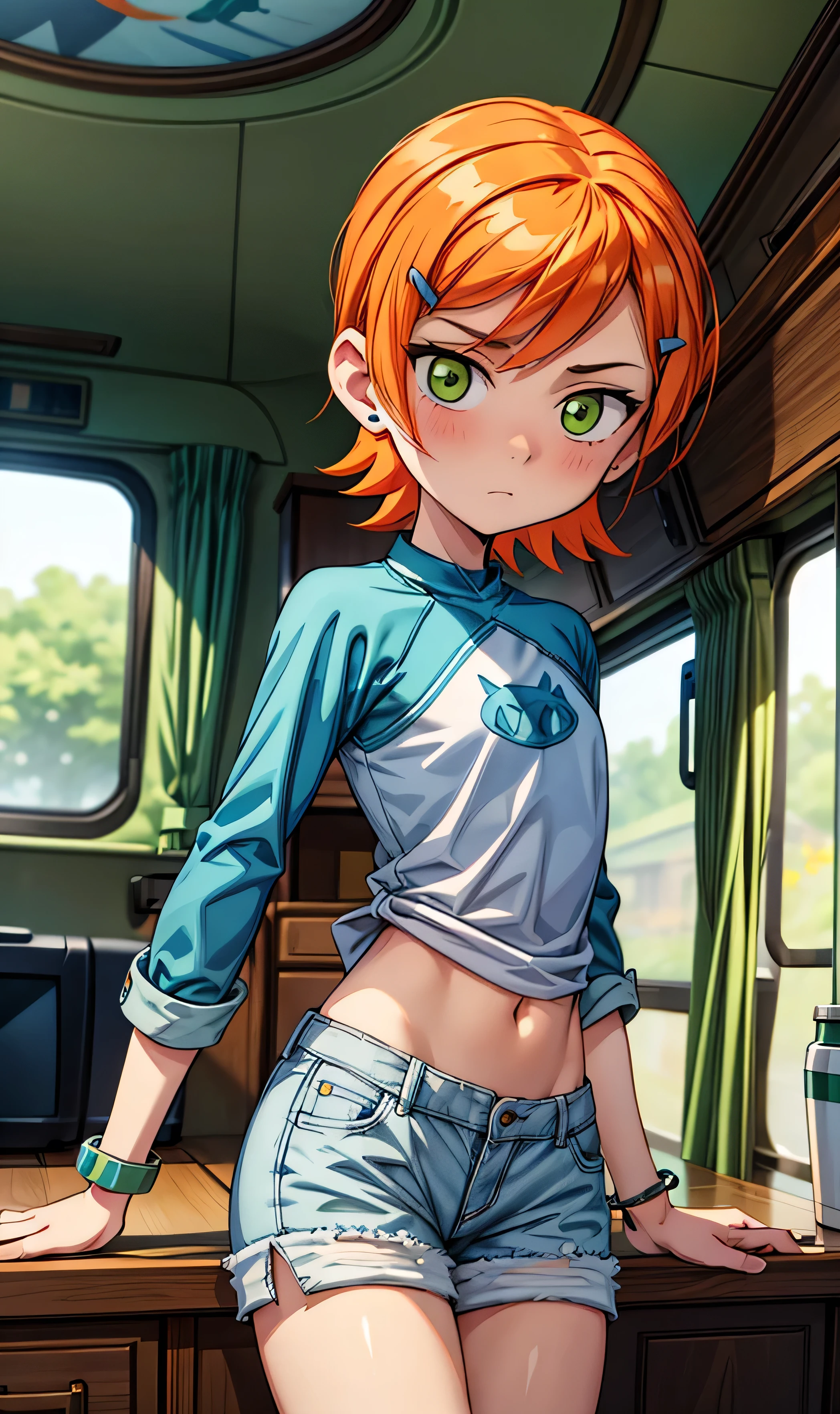 ( masterpiece ,  The best quality ), 1 girl, Gwen Tennyson, Alone, orange hair,  short hair, green eyes, blue shirt, raglan sleeves, long sleeves, denim shorts, short blanco, BRACELET, motorhome interior,