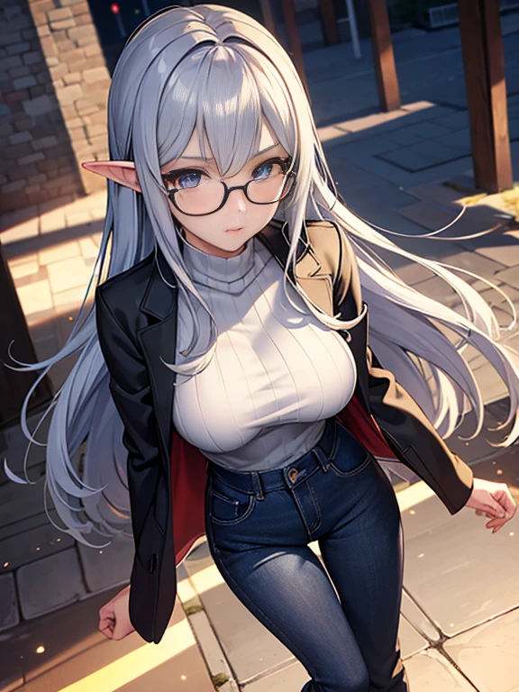 elf, glasses, beautiful silver hair,(One Girl:1.2),,(Muscular,Mysterious charm:1.1),(((Glasses,Big Breasts、Well-trained abdominal muscles,Captivating silhouette))),The Super detailed、High quality textures、complex detailed、detailed、Very detailed CG、High quality shadows、detailed beautiful and delicate face、detailed Beautiful and delicate eyes、Written boundary depth、Ray Tracing、20th Generation、Cute K-Pop Girls、(The face of Korean Ulzzang)、Thin face、(URZAN-6500-v1.1:0.6)、Pure Loss Face_v1、Glowing Eyes、Perfect body、 Viewer Display、(highest quality details:1.2)、Realistic、 8k Ultra HD 、High resolution、Close-up photo of a woman， Realistic girl rendering, 8k artistic german bokeh, Enchanting girl, Real Girls, Gurwitz, Gurwitz-style artwork, role play, Realistic 3D style, cgstation Popular Topics, 8K Portrait Rendering,（truth，truth：1.4），(Sparkling eyes girl:1.2)、cheek、Glossy lips、、High resolution, Best image quality, 最高quality, Realistic, Super detailed, Realistic, 4K  8k Ultra HD  Full Color RAW Photos, Fujifilm(Medium format), Hasselblad, Carl Zeiss, Incredible dynamic range photography(Utilities_art：Smooth-768:1.1),High resolution, High pixel count, Clear detailed, Clear Image, Natural color reproduction, Noise Reduction, High fidelity, quality, Software Improvements, Upscaling, Optimized Algorithms, Professional-level retouching,

1. Oversized coat:

The coat、Choose an oversized design that covers your shoulders and knees.。Navy or black are the standard colors.、[Soft khaki or beige, hang on.、Choose a color that suits the season。
2. Knitted sweater or turtleneck:

To protect yourself from the cold、Choose a knitted sweater or turtleneck。Match the texture and color of your knit to your coat.。
3. Wide leg pants:

For pants, Opt for wide-leg designs、Combines mobility with style。Dark-toned denim and black trousers look great on you..。
4. Knee-high boots:

Oversized coatに含まれるもの、Knee-high boots that cover from the ankle to the calf。Boots are chic in black or dark brown.、Gives a stylish impression。
5. accessories:

Please select simple gold or silver Accessories、Add elegance to yo