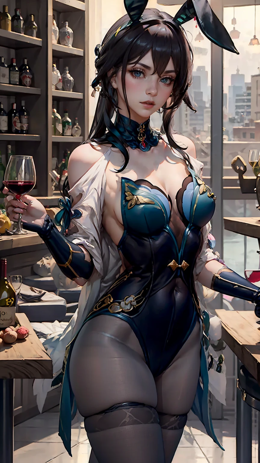 Beautiful black hair woman is shown to have a sexy figure, She is wearing a sexy playboy blue leotard , playboy bunny ears, pantyhose, jewelry, holding a glass of wine, she has blue eyes, Girl behind a classy bar, sexy session, poseing,exposed cleavage, sexy look, cowboy shot, superior quality, many details, realistic