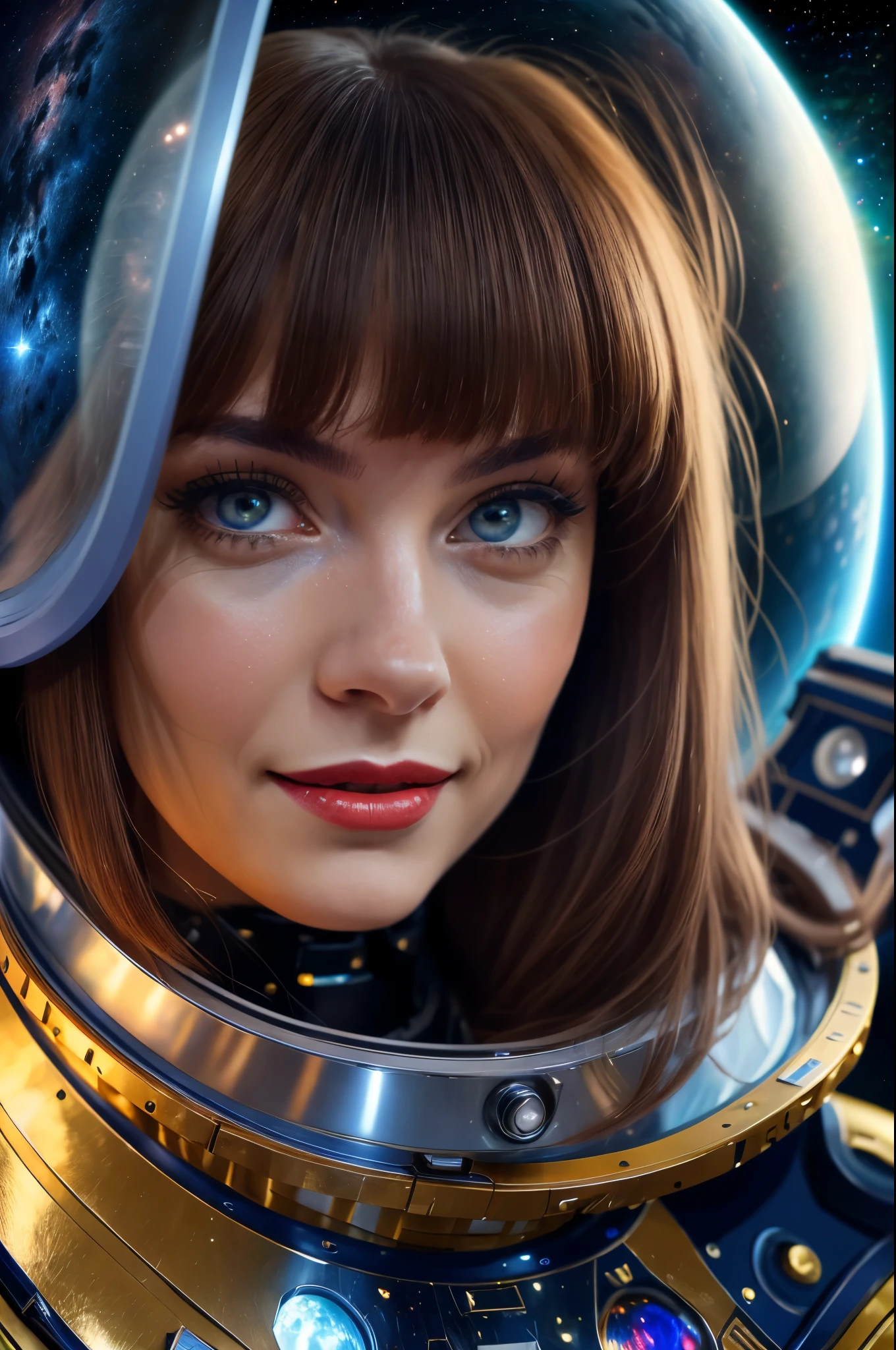 High-quality realistic acrylic art, VIVID COLORS, back point a view, a beautiful vintage european woman with brown straight hair, bangs, looking at the viewer with suspicious face and a shy smile, red lips, she wears sci-fi light blue metalic space suit, hands in the waist, dramatic blue red lights, in deep space with a partial planet in orbit