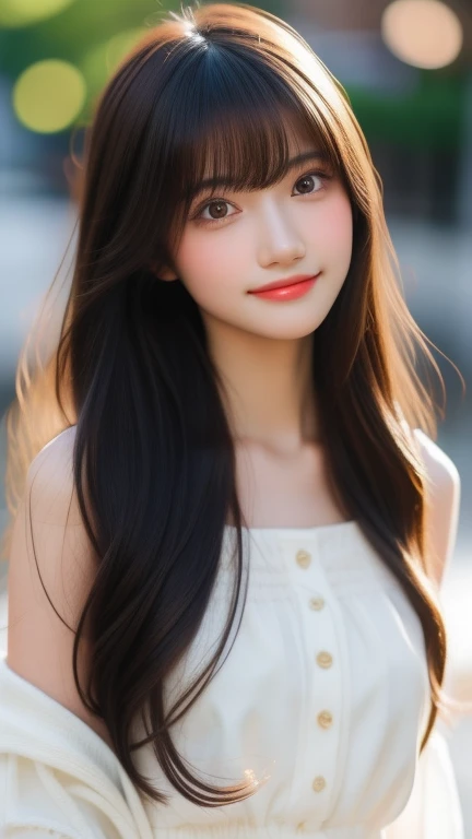 highest quality、Natural Lip、Fair skin、Great light、Beautiful lighting、((Straight Hair))、((Black Hair))、Blunt bangs、Off the shoulder、Cleavage、White crop top、mini skirt、Gorgeous Accessories、Harajuku、smile、かわいいsmile、Crowds in the city