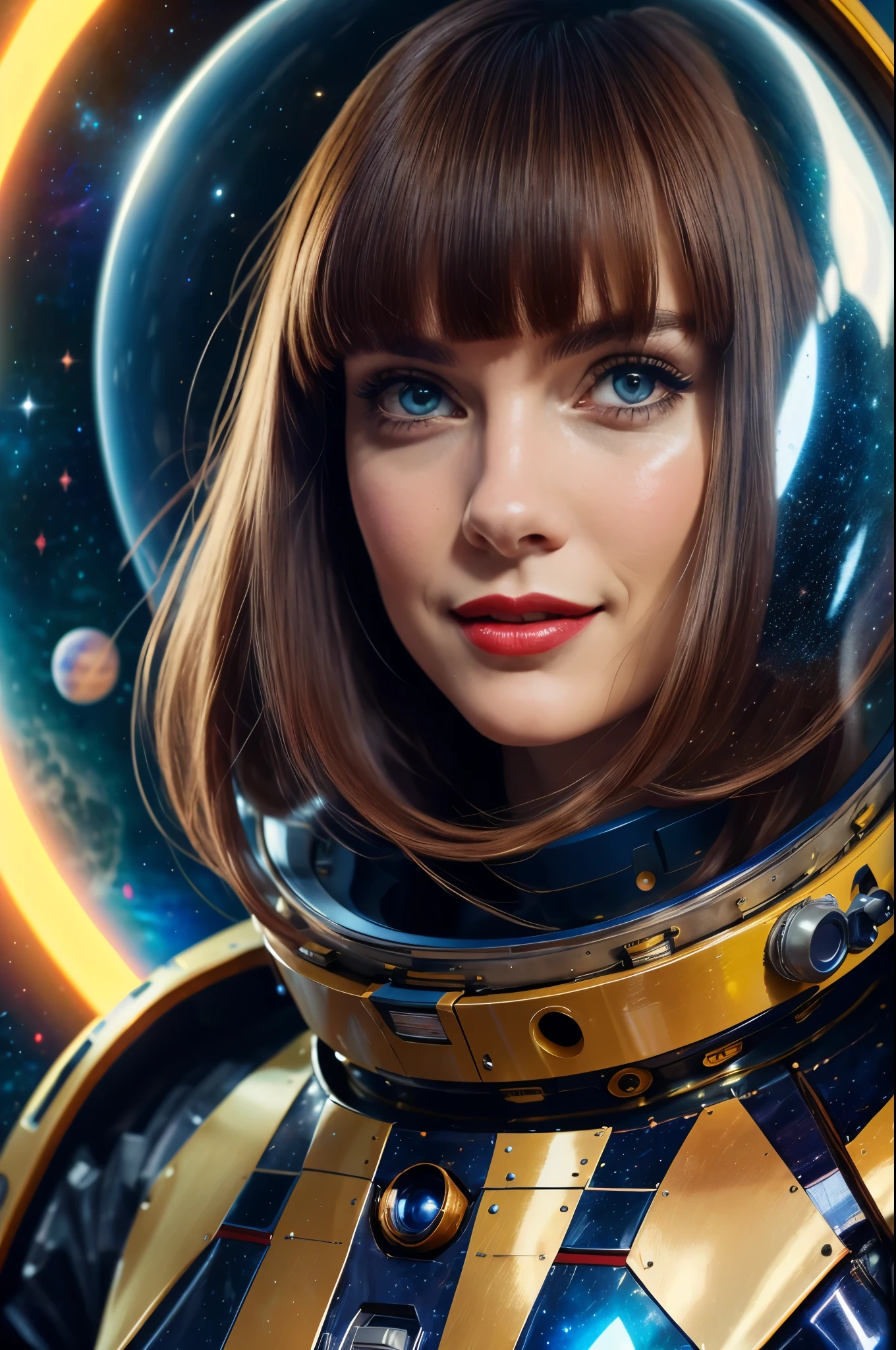 High-quality realistic acrylic art, VIVID COLORS, back point a view, a beautiful vintage european woman with brown straight hair, bangs, looking at the viewer with suspicious face and a shy smile, red lips, she wears sci-fi light blue metalic space suit, hands in the waist, dramatic blue red lights, in deep space with a partial planet in orbit