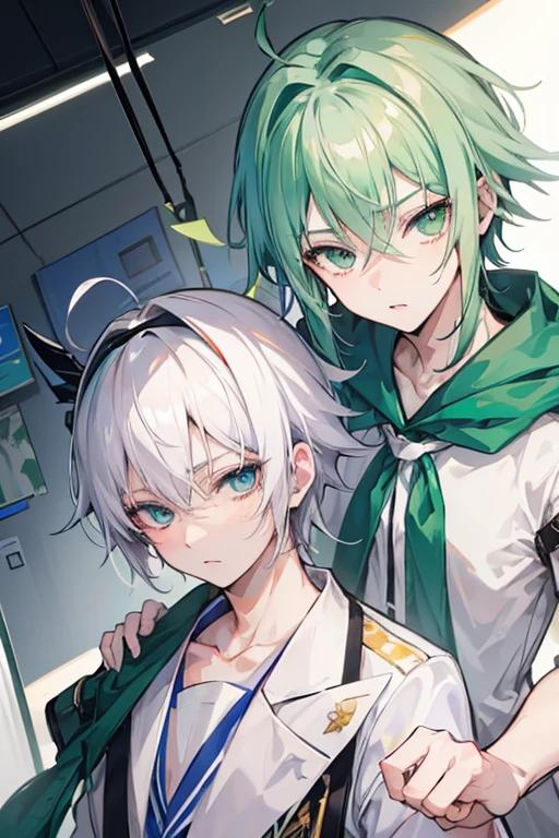 A 13 year old , a female, woman, feminine, a girl, a girl, , fragile body, guilty face, worried face, crying face, small and fragile body, small green hair, short hair, brown eyes, medieval epoch, wearing a suit, black suit, tuxedo, wearing a black tuxedo, medieval background, Ultra HD 4k, 4k, Ultra HD