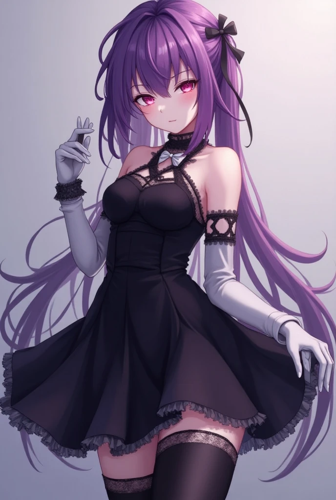 cute anime girl, long purple hair, beautiful purple eyes, black skirt, black gloves, Exquisite details, black knee socks , red high heels