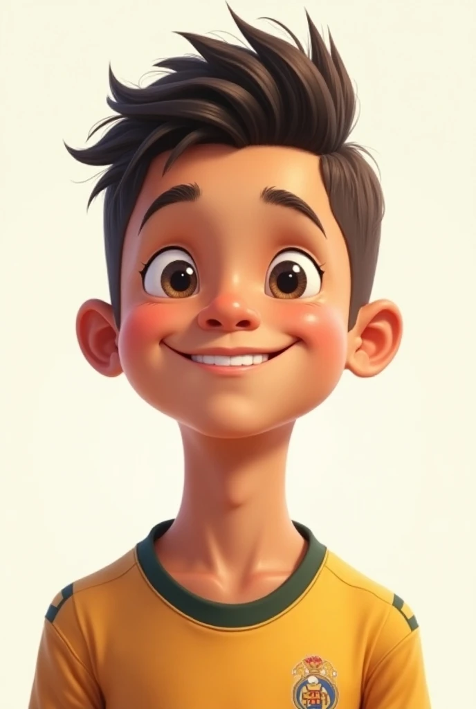create a football player, with face: Oval shape, with characteristics of a teenager. body hair: blackw, medium and slightly wavy. Can be drawn in a natural style, perhaps with a low bun or slightly loose.
eyeballs: expressive and attentive, conveying concentration and determination.
eyebrows: slightly arched, to express focus.
mouth and nose: The mouth should be in a neutral or slightly smiling expression., and the nose must be proportional to the face. 's uniform: Football shirt with colors and logo of the Brazilian national team (you can choose colors and design typical of a sports uniform). structure: Young and athletic. approximate height of 1,80 m with an athletically developing body.
