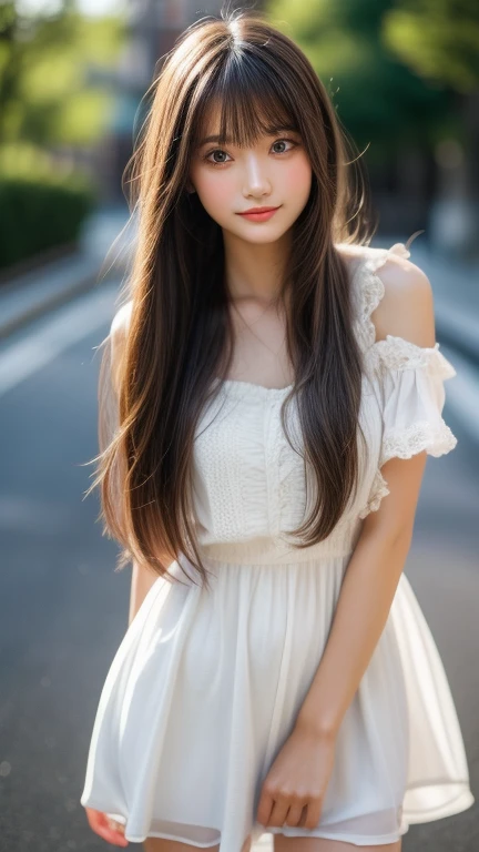 Ultra-high resolution, Superior Quality, Highest quality, Very detailed, Realistic, 8k, RAW Photos, Highest quality, masterpiece, Attractive girl, Awesome girl, Brown Hair, Shoulder-length layers, Asymmetrical bangs, K-POPアイドル, Sophisticated, stylish, White camisole, Black hibuya Ward, Semi-long hair