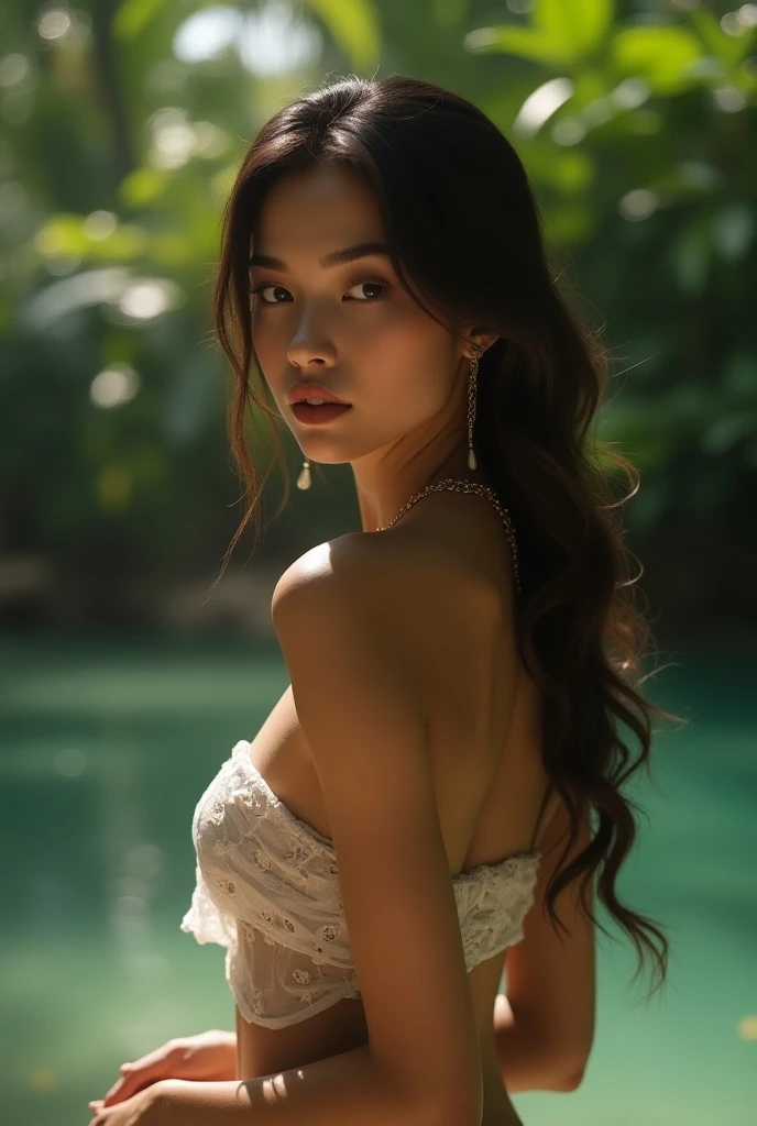 A stylish Asian woman in a white bikini poses in a pond., digital art by Jason Chan, tumblr, qu' Is it ' is?, gorgeous chinese model, japanese goddess, beautiful asian girl, stunning elegant pose, queen of the sea Mu Yanling, with a beautiful exotic, gorgeous bikini pattern, Beautiful goddess, Japanese model, beautiful south korean woman, gorgeous young korean woman