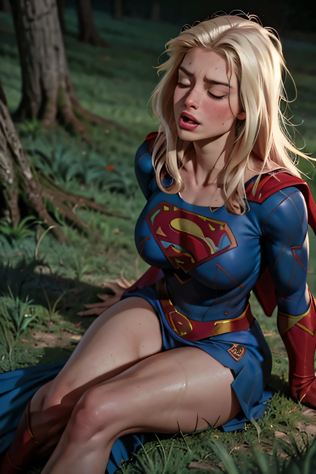 ((highest quality)), ((masterpiece)), (be familiar with), (high definition), (realistic), (realistic), (Best shadow), low contrast, (complex:1.4), side lighting, 8K, ((Helen Slator)), ((Supergirl)), perfect face、DETAILED、(Accurate representation of the hand and fingers)、Supergirls women、rubio、voluptuous body、(Big breasts:1.1)、narrow waist、big ass、seductive、attractive、(Sitting on the floor with legs open), (with legs spread:1.2)、Mujer en la cima, open mouth、(closed eyes)、expression of anguish、touching the pelvis(orgasm:1.0)、redness、(sweating)、in the grass、In the deep forest、Wood々surrounded by、blue sky、low angle front