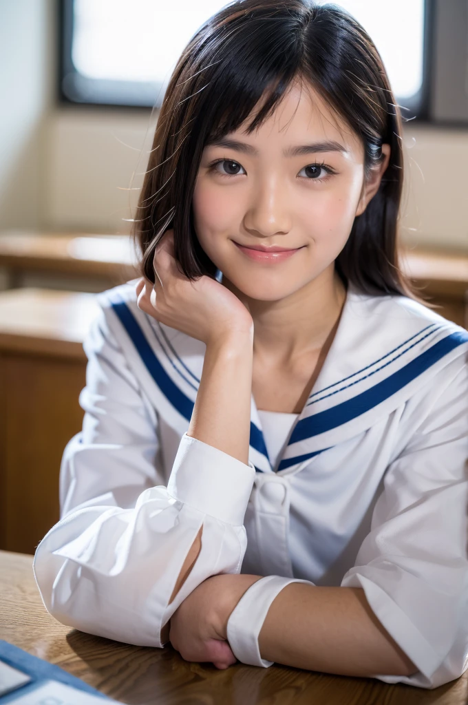 lens: 135mm f1.8, (highest quality),(RAW Photos), (Tabletop:1.1), (Beautiful  Japanese girl), Cute Face, (Deeply chiseled face:0.7), (freckles:0.4), (sparkling eyes), (healthy white skin), Dramatic lighting, (Japanese School Uniform), (In the classroom), shy, (Close-up shot:1.3), (smile, closed mouth:1.4), (sunlight), Sailor suit, dark blue, Long sleeve, (looking away:1.5)