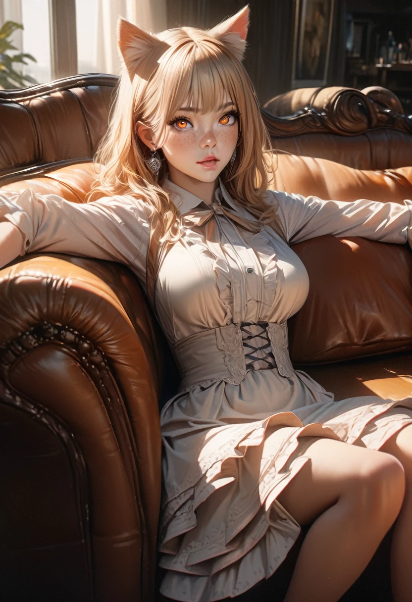 cute girl, ****ta dress, cat ears, blond hair, freckles, orange eyes, earrings, sitting on couch in living room, extremely detailed eyes and face, detailed lips, long eyelashes, beautiful detailed breasts, hyper realistic, 8k, high quality, masterpiece, photorealistic, cinematic lighting, dynamic composition, warm color palette