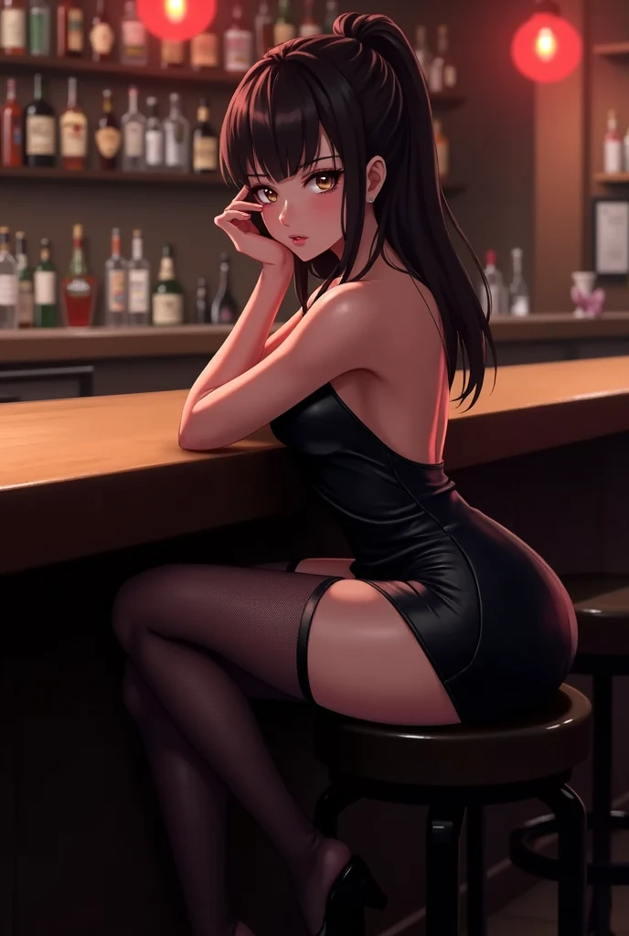 best quality, 4K, high resolution, masterpiece:1.2, Extremely detailed),Sad expression looking at the camera,Large Breasts,30 years old girl,独奏,black hair,long hair,blue eyes,(drunk,blush),sitting,drinking,((Mature sexy body)),Black stockings,Black tight skirt, Mature sexy body,holding mug,counter,pub,(Fashion bar) indoors, ((Cocktail Glass) Full of colorful wine), (dimly light room), Wine Bottle, Detailed background,Fluffy hair,((((Night scene background))))), (((at the bar))), wine, whiskey, High ball,(Shiny and glowing, Effect:1.2)