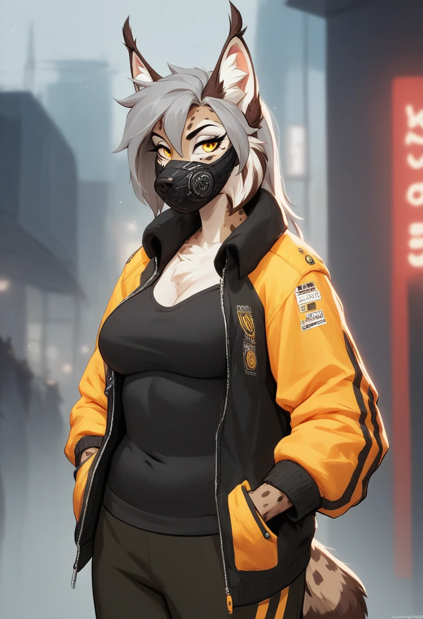 anthro furry lynx, chubby,((anarchist)), absurdity,  High definition,  ultra-detailed, 1 girl,oversized jacket with ,whole body, original character,girl,gray hair,yellow eyes,shoulder length hair, complex black mask, { Best quality }}, {{masterpiece}}, {{ ultra-detailed}}, { illustration}, {Detailed light}, Nuclear fusion