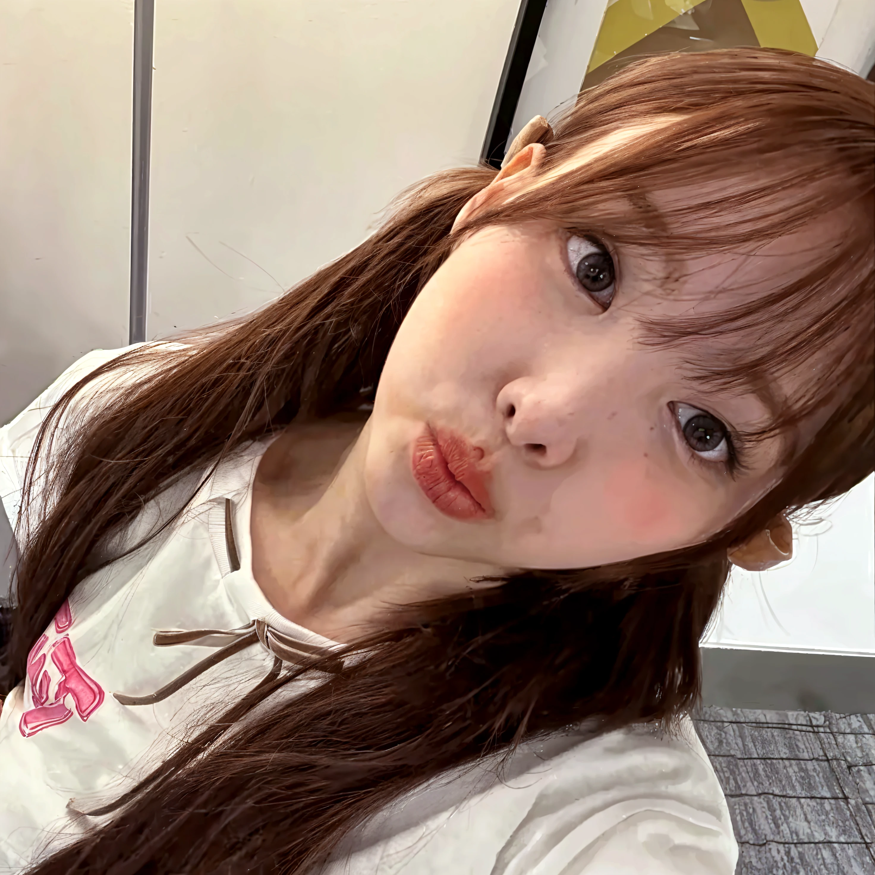 Best Quality, master part, ultra high resolution, (photorealistic:1.4), raw photo, 1 girl, Inside the cafeteria, looking at the viewer, long red hair, pale skin, Half body, neckline, red hair, sitting on the floor while a man's hand touch her cheeks, red hair
