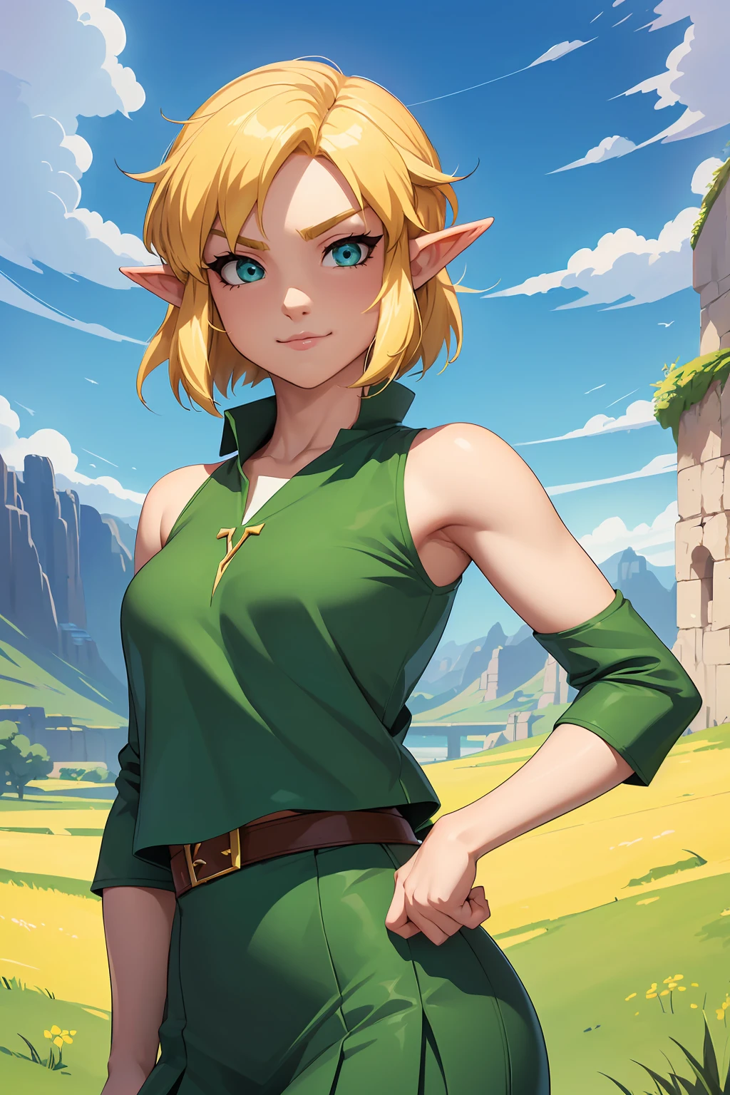 Full-length, uncropped, professional anime art commission, femme (Link from Legend of Zelda), young adult, (flat-chested), arched blonde eyebrows, detailed eyes, looking into camera, big pointy nose, ((short blonde hair)), confident smirk, provocative pose, cropped green shirt and skirt, hills and valleys in the background