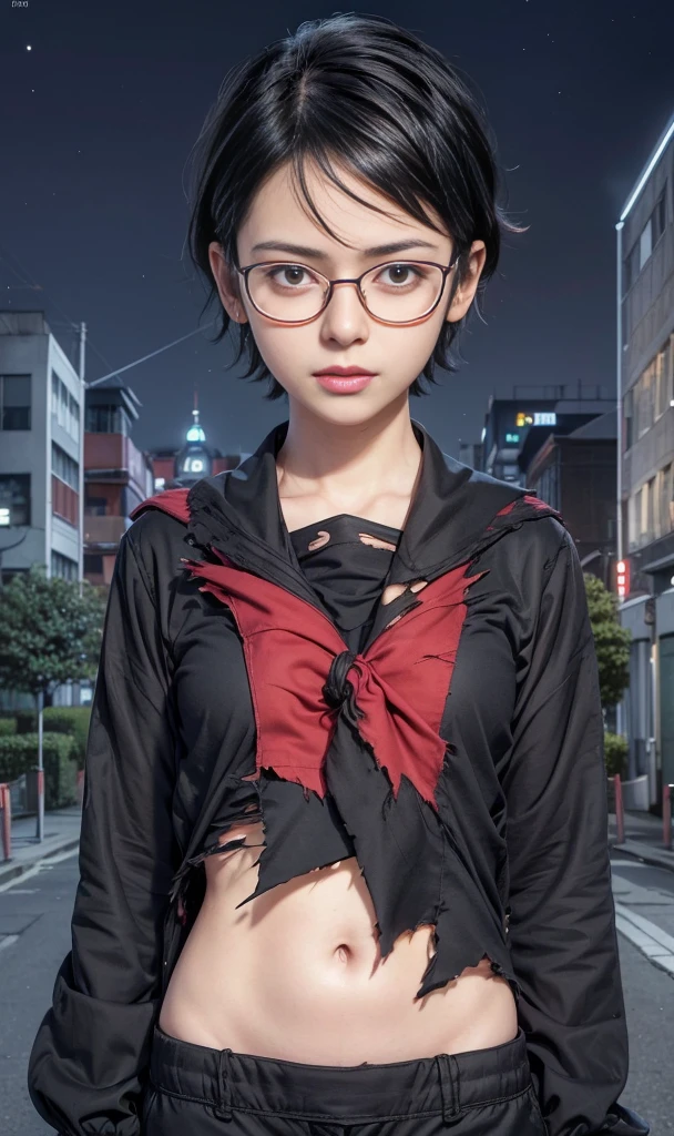 masterpiece, best quality, (realistic,photo-realistic:1.4), (RAW photo:1.2), extremely detailed CG unity 8k wallpaper, delicate and beautiful, amazing,finely detail, official art, absurdres, incredibly absurdres, huge filesize, ultra-detailed,extremely detailed eyes and face,light on face,sarada,(little smile:1.2),(black hair:1.4),(very short hair:1.4),nature,sarada uchiha ,(wearing black framed glasses:1.4),(city background:1.4)(sailor uniform:1.4),night,(torn clothes:1.5),red ribbon