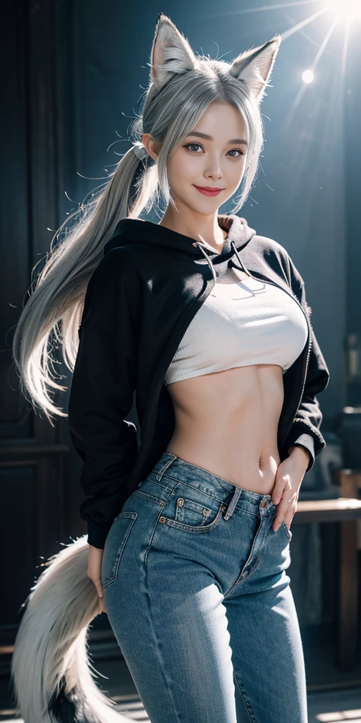 raw photo, intricate details, textured skin, dynamic pose, shot from below, 1girl, asian, pale skin, white long hair, blue eyes, freckles all over body, black oversized hoodie, small waist, (wide thigh gap:1.2), gray gradient background, best quality, 16k, masterpiece