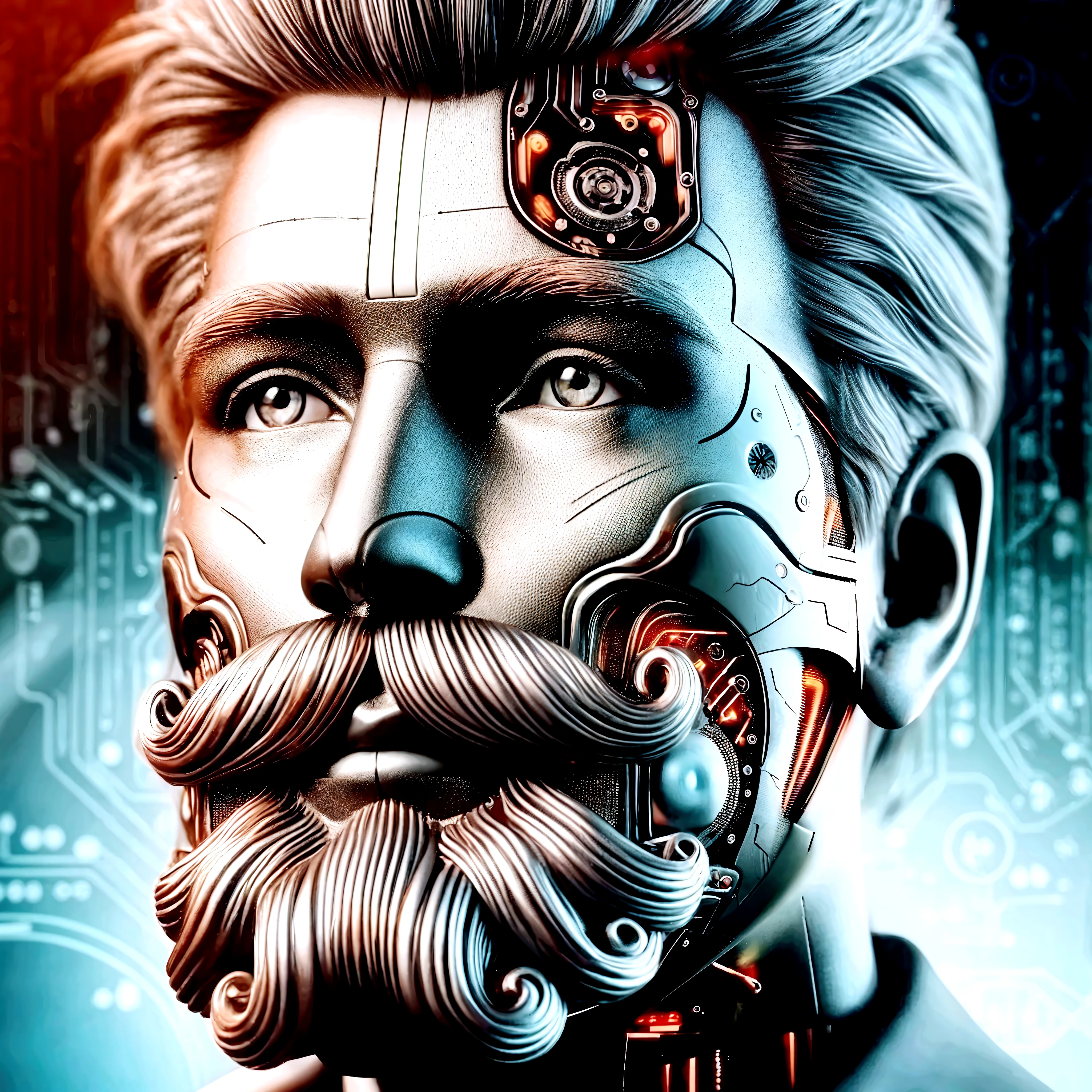 A portrait of Nikola Tesla as a cyborg with a 20th-century technology theme. The artwork depicts Tesla with a mechanical quarter of his face, showcasing his incredible legacy and contributions to science. The mechanical part should be highly detailed and visually striking, highlighting the merging of human and machine elements.

The portrait should focus on the face, specifically emphasizing the eyes, nose, and lips of Nikola Tesla. The eyes should be beautifully detailed, capturing the intelligence and intensity associated with the renowned inventor. The lips should also be beautifully detailed, adding a touch of humanity to the mechanical composition.

The artwork should showcase a mechanical arm, highlighting Tesla's connection to advanced technology. The arm should be intricately designed, incorporating gears, wires, and other mechanical elements. It should be visually awe-inspiring, demonstrating the power and precision of Tesla's creations.

To further enhance the portrayal, a lightning bolt should emanate from Tesla's hand, symbolizing his mastery over electricity. The lightning should be realistic, visually striking, and add a dynamic element to the composition.

One of the mechanical eyes should be prominently featured, emitting a red glow. This detail emphasizes the cyborg aspect of the portrait and adds an element of intrigue and futuristic technology.

The overall image quality should be of the highest standard, with a focus on achieving a 4k or 8k resolution. The level of detail should be ultra-detailed and realistic, capturing every nuance of Tesla's face and the mechanical components. The lighting should be carefully crafted, utilizing studio lighting techniques to enhance the depth and realism of the artwork.

The artistic style of the portrait should be a fusion of a traditional portrait and a futuristic aesthetic. The composition should be realistic and photorealistic while incorporating elements of sci-fi and concept art. This combination will create a unique and captivating representation of Nikola Tesla as a cyborg.

In terms of color, the artwork should have a cool-toned palette, emphasizing shades of silver, gray, and metallic colors. This color scheme will further accentuate the mechanical elements and add a futuristic atmosphere to the portrait.

Overall, the prompt should convey the concept of a high-quality, ultra-detailed portrait of Nikola Tesla as a cyborg, showcasing a fusion of 20th-century technology and human ingenuity.