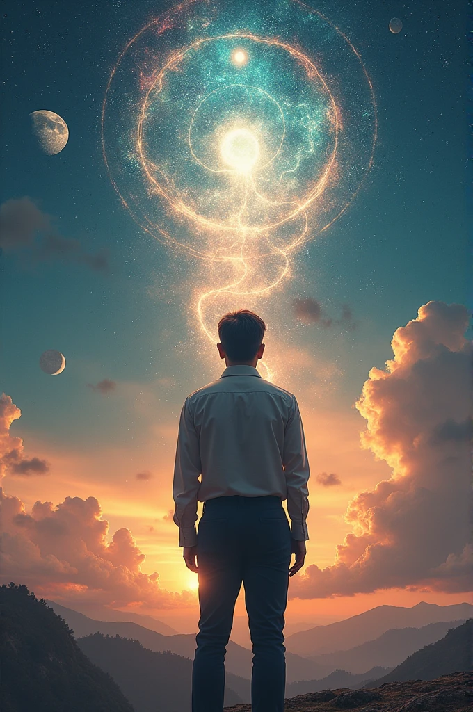 Create an image with a background that blends vibrant and soft colors, shades of blue and gold representing transformation and spirituality.
 At the center, a representation of Jacob, perhaps divided into two parts: On one side, the figure of Jacob before the transformation, and the other, a more enlightened and serene figure, symbolizing your new identity. Ao fundo, there may be a ladder with angels going up and down, referring to Jacob&#39;s dream.
The title "Transformed" should be highlighted, with a modern and striking font.  You can add symbols like stars, soft lights around the figure of Jacob, and perhaps some lines of light representing the presence of God in the life of the biblical character.

