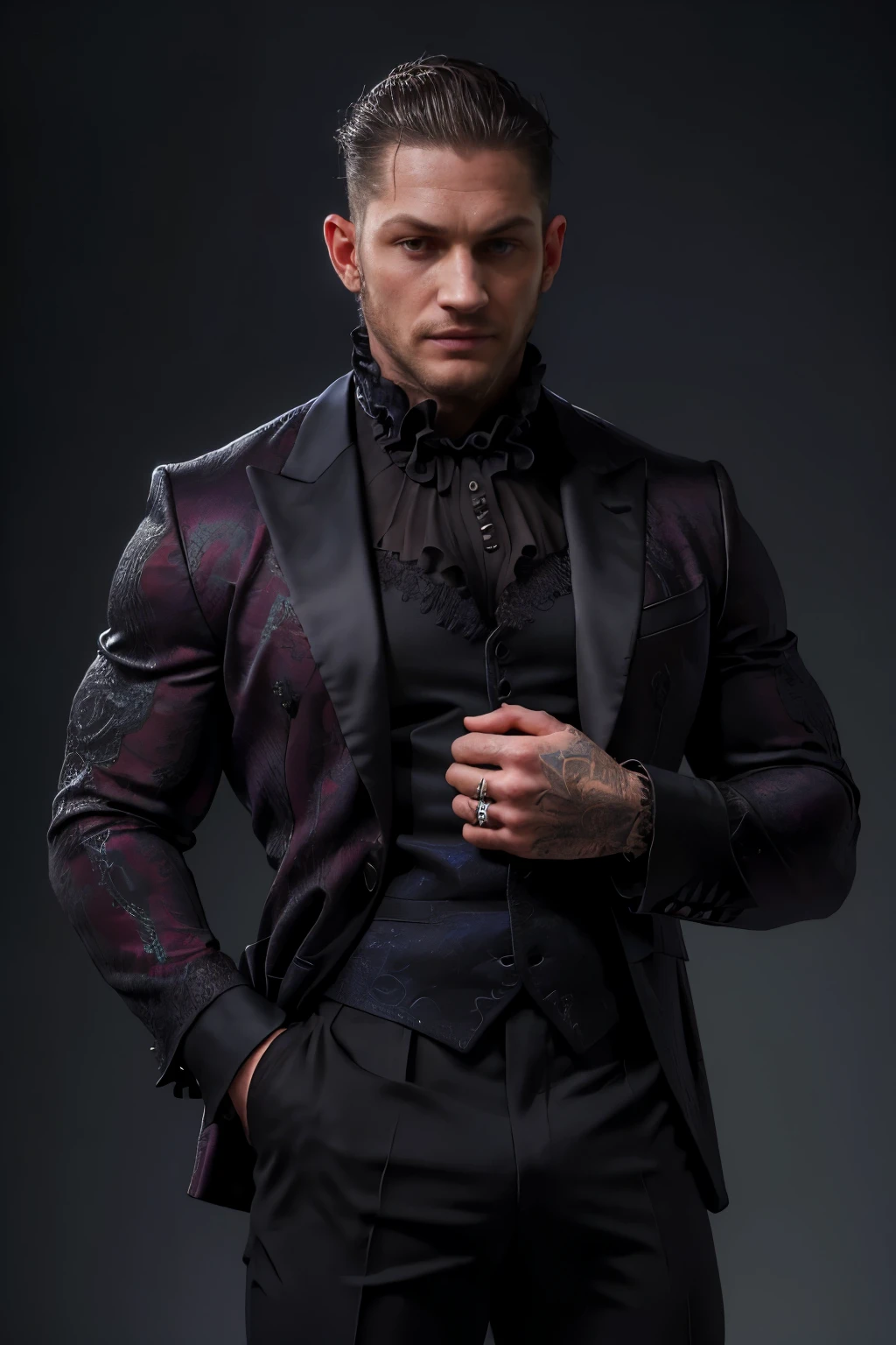 (( masterpiece)), (( the best quality:1.2)),  High resolution, 8K, (ultra_realistic:1.3), (photorealistic:1.4), (Instagram Template, elegant:1.2), Portrait of Tom Hardy wearing a sensual Gothic outfit ,  with lace details that highlight his sophisticated and modern style . The costume has a diabolical touch ,  with dark colors and intricate designs ,  Combining classic elegance with a bold contemporary aesthetic