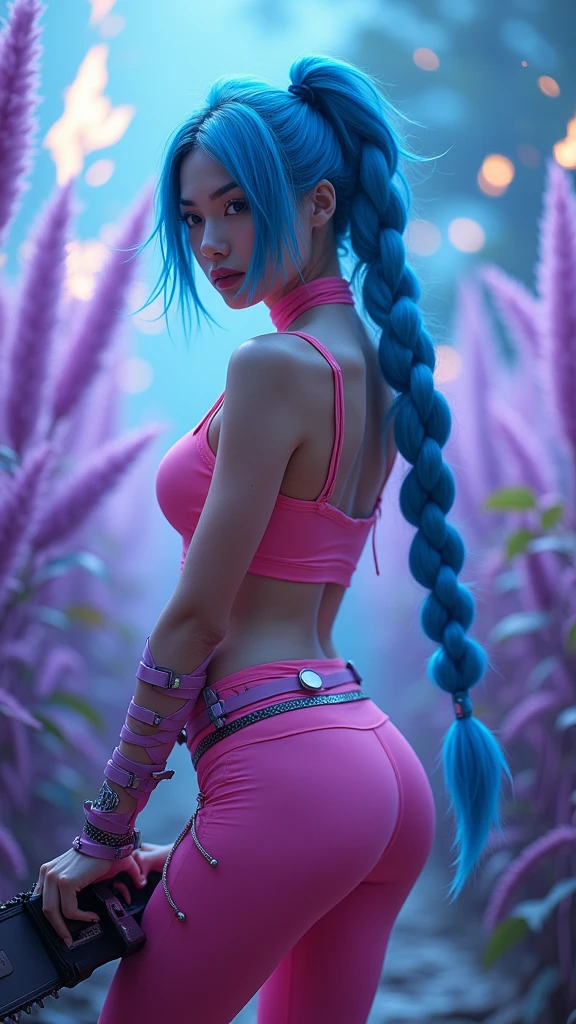  Beautiful Japanese woman cosplay Jinx League of Legends, with short top color Pink ,  Leggings Lycra tight pink ,  long blue hair braided double tail , Metallic belt , (holding a chainsaw as a weapon ) ,(  background large tall grasses violet ) ,  floating particles magic fire , colored glass blue background, (Qingxu_Asian beauty portrait photography_v11), (Qingxu_Asian beauty portrait photography_f.11), (flux Texture_v1.0),( Jinx - League of Legends V1),(  looking back ), showing on Ass ass,  background large tall grasses violet , 