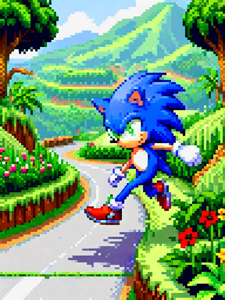 Green hill, super sonic, sonic, running, road, sonic stage, pixel art