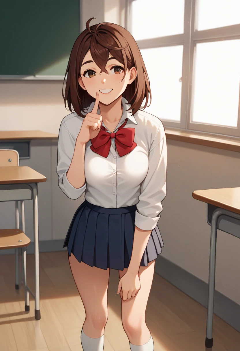 source_animated, catalyst_, medium hair,  brown hair, brown eyes,  medium breasts, shocks, red bow tie , Sexy school uniform,  white socks , standing,  looking at the spectator, smile, classroom, inside, ( lean forward:1.15), finger to mouth, light smile