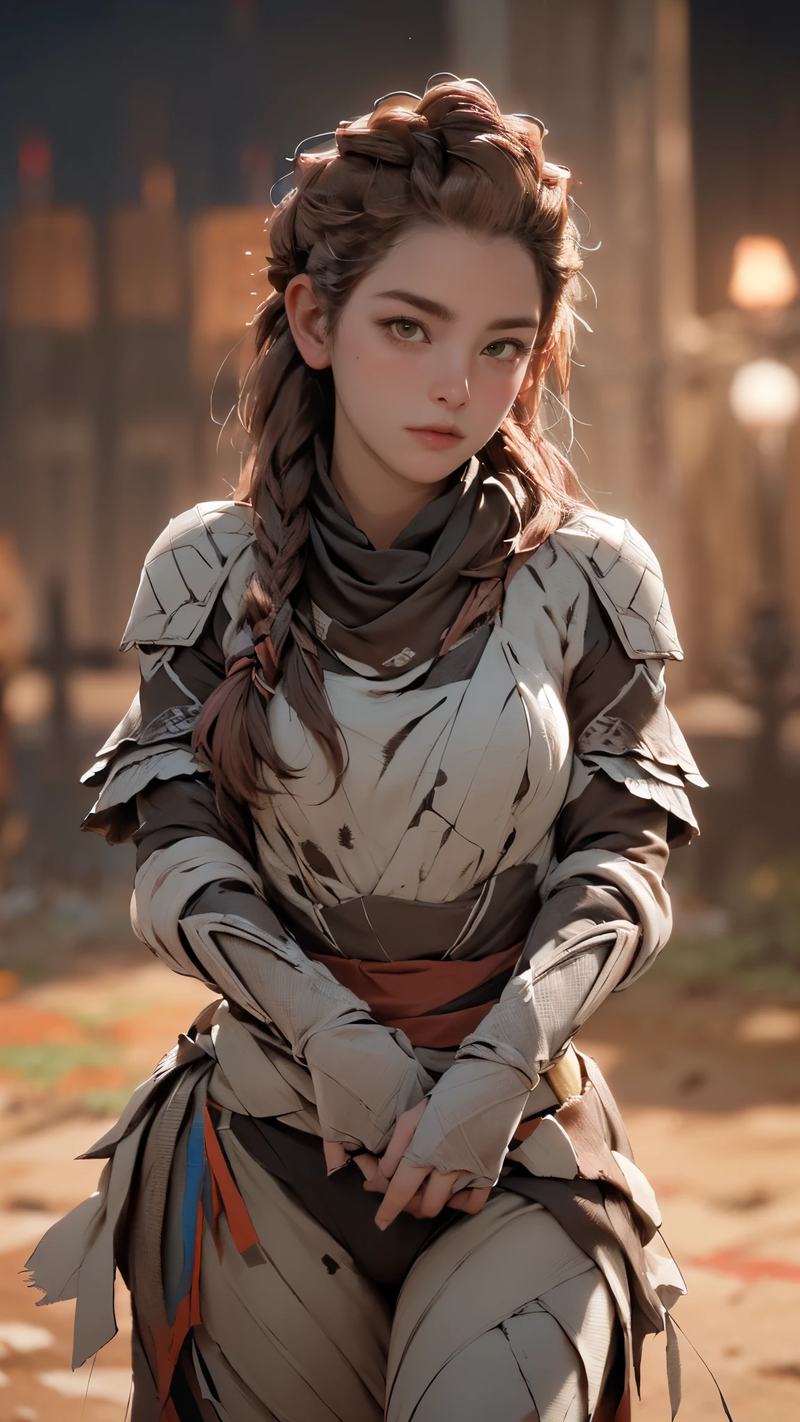 (A woman),(Aloy:1.5),(((Horizon Zero Dawn:1.5))),((Nora Hunting gear:1.5)),((standing bravely:1.5)),(Serious:1.5),(long red hair:1.5),(very detailed beautiful face:1.5),(((slight braided Hair:1.5))),(beautiful eyes:1.3),(Very detailedな顔:1.5),((Very detailed drawing of a female hand:1.5)),((muscular:1.5)),(Sexy appearance:1.5),((Thick thighs:1.5)),(Beautiful Body:1.5),((Very sensual:1.5)),(mountainous background at night:1.5),(warm atmosphere:1.5),(((Blurred Background:1.5))),(Written border depth:1.5),rest(((masterpiece:1.5),(best quality:1.5),(Very detailed:1.5),(high resolution:1.5),(Practical:1.5),(Practical:1.5),(Delicate depiction),(Carefully drawn))),8k,wallpaper