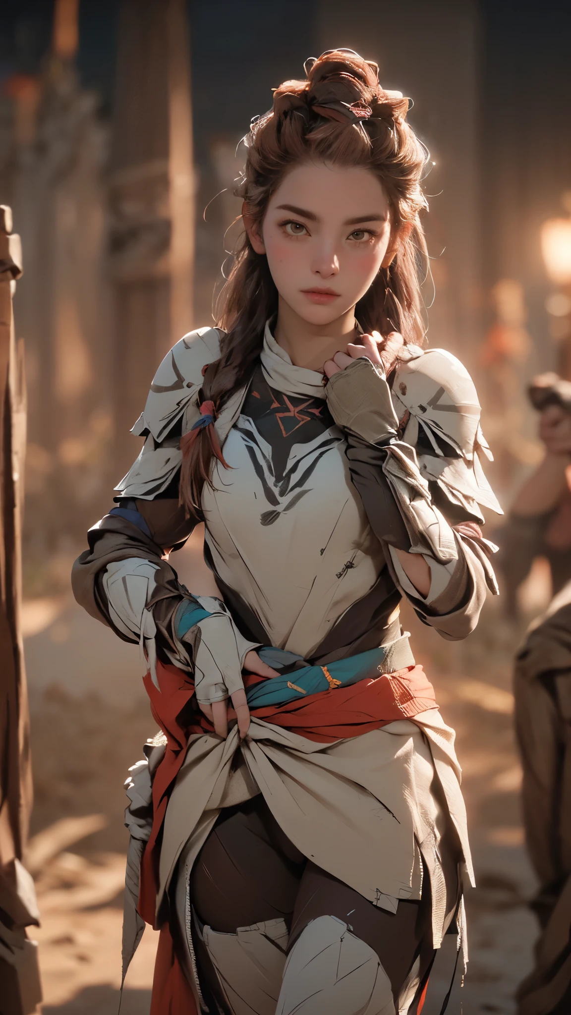 (A woman),(Aloy:1.5),(((Horizon Zero Dawn:1.5))),((Nora Hunting gear:1.5)),((standing bravely:1.5)),(Serious:1.5),(long red hair:1.5),(very detailed beautiful face:1.5),(((slight braided Hair:1.5))),(beautiful eyes:1.3),(Very detailedな顔:1.5),((Very detailed drawing of a female hand:1.5)),((muscular:1.5)),(Sexy appearance:1.5),((Thick thighs:1.5)),(Beautiful Body:1.5),((Very sensual:1.5)),(mountainous background at night:1.5),(warm atmosphere:1.5),(((Blurred Background:1.5))),(Written border depth:1.5),rest(((masterpiece:1.5),(best quality:1.5),(Very detailed:1.5),(high resolution:1.5),(Practical:1.5),(Practical:1.5),(Delicate depiction),(Carefully drawn))),8k,wallpaper