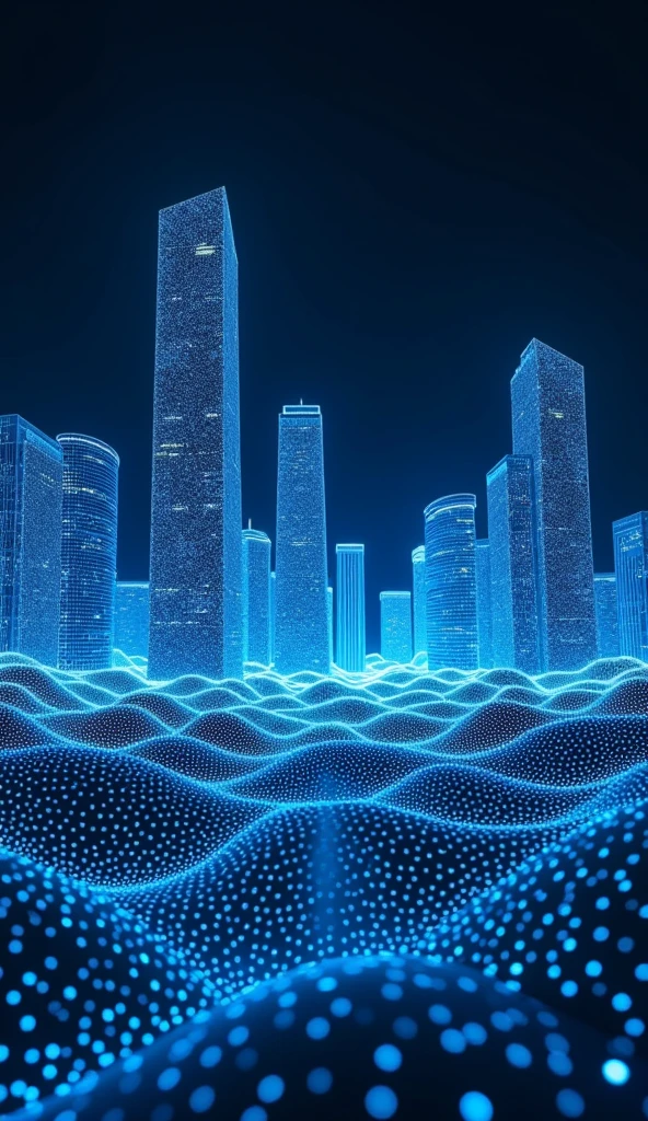 conceptual installation art, monochrome line art, the skyscrapers and nightscape of a big city drawn with only fluorescent blue dots and lines, BREAK delicate and dynamic textures, contrasts of light and shadow, 2.5D, artistic photography, hyper realistic, digital graphic CG, BREAK ultra detailed, absolutely resolution, best quality