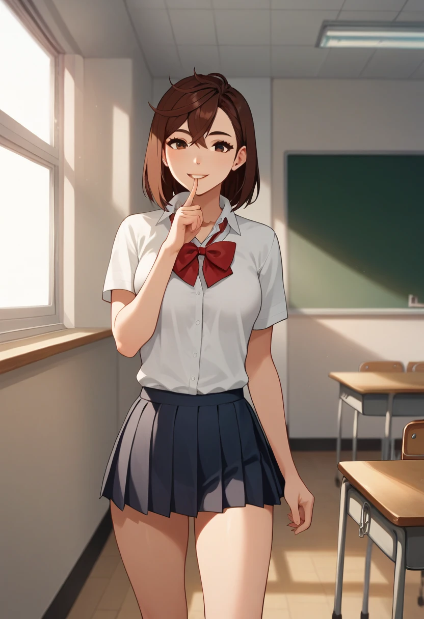 source_animated, catalyst_,  brown hair, brown eyes,  medium breasts, Sexy school uniform,  white socks , standing,  looking at the spectator, smile, classroom, inside, ( lean forward), finger to mouth, light smile