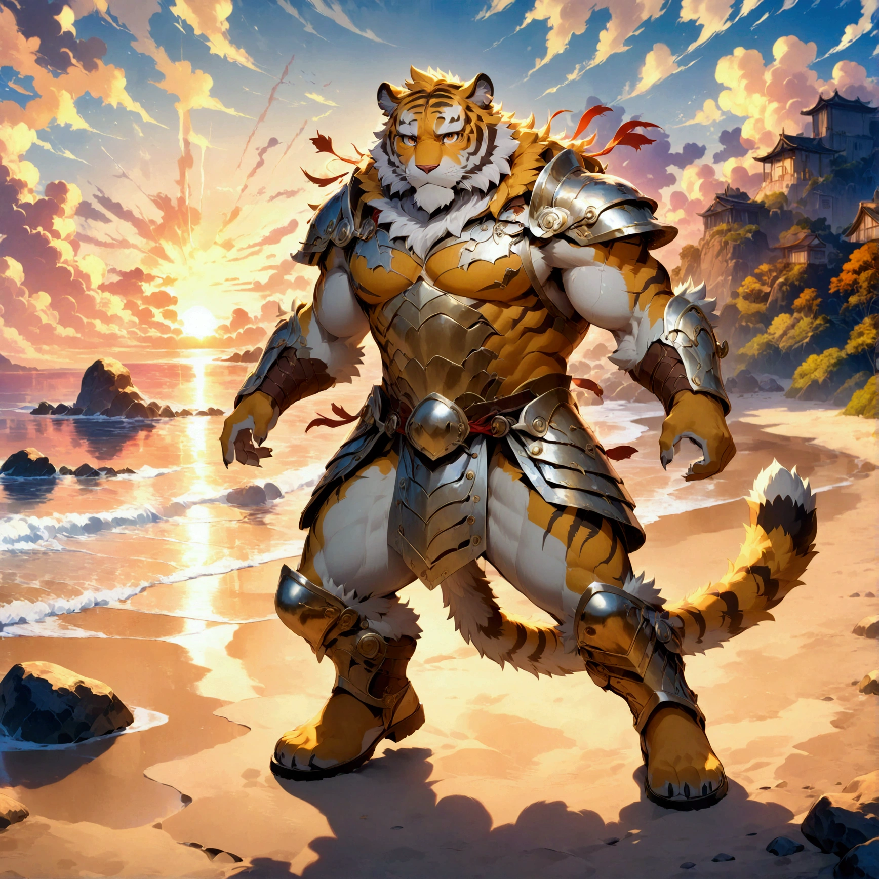 character focus, full body, looking away, various angle, european fantasy, a plump middle-aged tiger man, clothed, heroic costume, full armor, pants, dynamic pose, BREAK complete anatomy, perfect proportions, beautiful thigh gap, fluffy body, intricate fur details, beautiful fur texture, BREAK a detailed tiger tail, detailed boots, detailed foot, detailed hands, 5fingers, 5fingers nails, BREAK aesthetic anime face, insanity detailed face, male face, big face, square jawline, aesthetic anime eyes, detailed brown eyes, detailed brown cornea, detailed dark brown irises, detailed pupils, male eyes, big eyes, male eyebrows, innocent look, beautiful beard, BREAK full body in Michelangelo Buonarroti style, digital illustration anime, housamo style, detailed painting landscape, beach, path, outdoor, full color, HDR, BREAK masterpiece, official art, best quality, very aesthetic, absurdres, super fine illustration, great quality, BREAK noise reduction, very highres, large filesize, high quality, 32K, 8k wallpaper, dynamic lighting, BREAK insanity detailed, ultra detailed, intricate details, extremely detailed, detailed texture, an extremely delicate and beautiful, BREAK osukemo, e621 illustration, Fur Affinity illustration, kemohomo, anthropomorphic, furry, cartoon, harmonious body, pastoral face, virtuous eyes, epic atmosphere