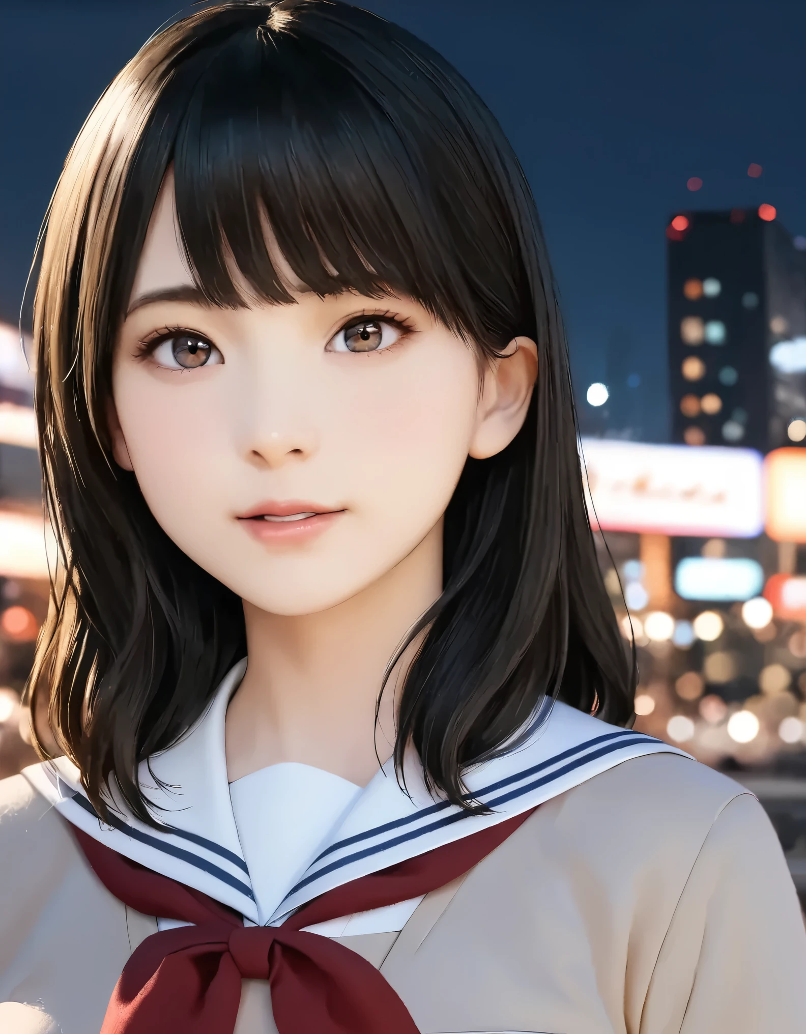 (best quality, 8k, high resolution:1.2), 1girl, school uniform, upper body, break, night city