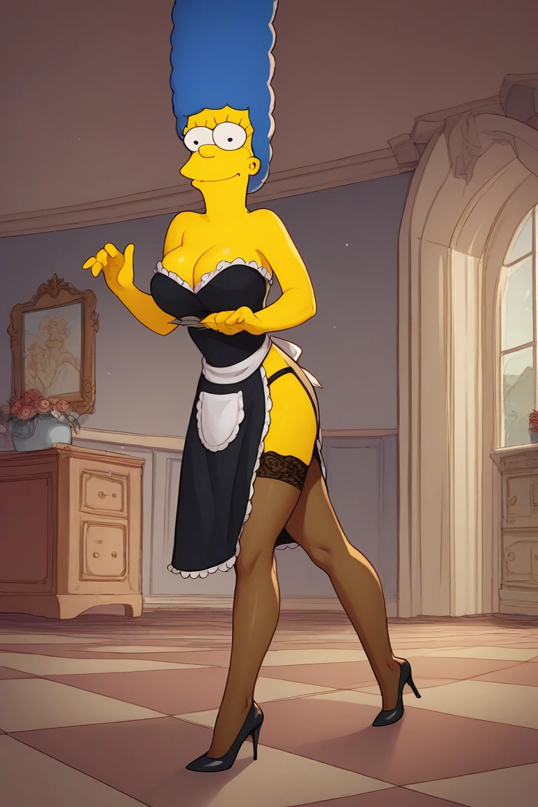 Marge Simpson very beautiful smiling with a super sexy body ((big breasts)) with A French maid wearing a short, tight black dress with white lace ruffles, a small decorative apron and a lace headband. The maid wears high heels and thigh-high lace stockings, held up with garters. The scene takes place in an elegant living room of an old mansion, with refined furniture and decorative details that add an air of sophistication and seduction to the setting, highlighting the provocative and playful aesthetic of the uniform.