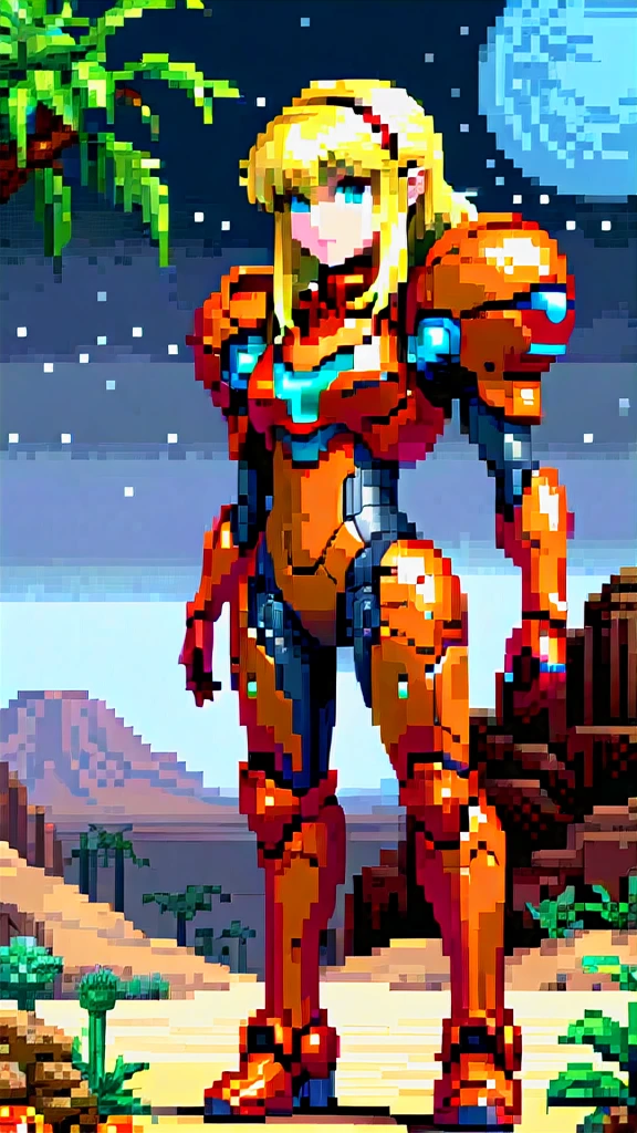 Samus Aran, Metroid, orange armor, desert stage, Pixel art, blond