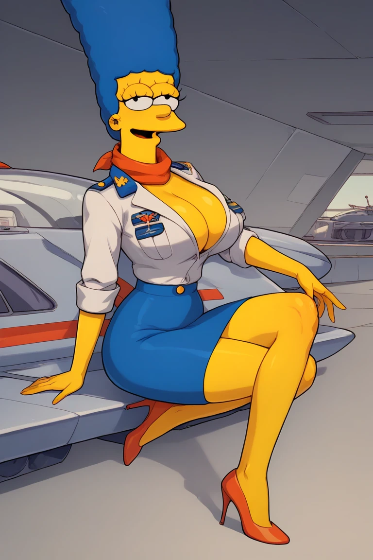 Marge Simpson very beautiful smiling with a super sexy body ((big breasts)) with A stewardess in a seductive uniform, which includes a tight, short, navy blue skirt, a fitted blouse with a moderate neckline, and an elegant scarf tied around her neck. She wears high heels and a classic aviation cap, with gold details on the uniform. The scene is set inside an airplane, with seats in the background, giving a sophisticated and glamorous air that highlights the elegance and sensuality of the outfit.