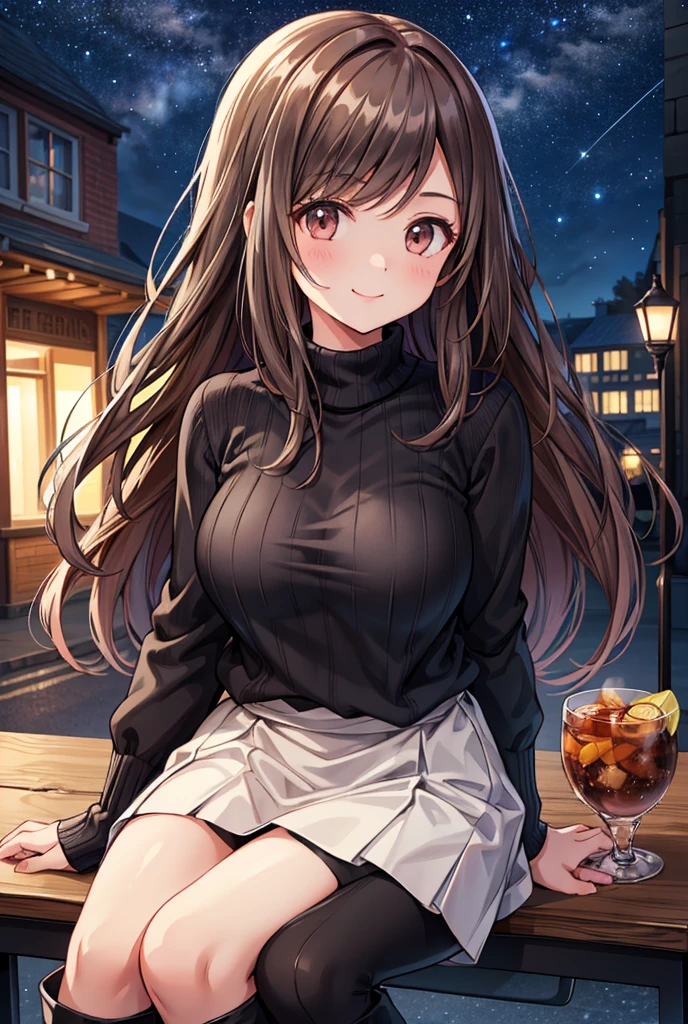  1 girl, solo,  High Resolution , Long Hair, ((Large Breasts)), smile,  brown eyes , Brown Hair, イギリスの街中,  High Resolution , masterpiece, accurate,  anatomically correct, 最high quality,  detail, 高い detail,  high definition models, high quality,  very detailed ,  textured skin,  ultra-fine,  black knitted sweater, White mini skirt,  black long boots with black ribbons, Cooking on the desk, Emphasize the upper body,  English restaurants in the streets of England, night,Terrace seats, Starry Sky, autumn, whole body, sit on a chair, 