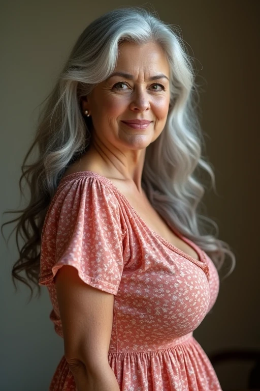 Photo of a mature american woman,Milf,beautiful face,long curly brown hair with a few grey strands, wrinkles, aged, crowded papers room, closeup, neutral colors, barren land,round breasts,big cleavage,see-through clothing,see-through cardigan, freckles on chest