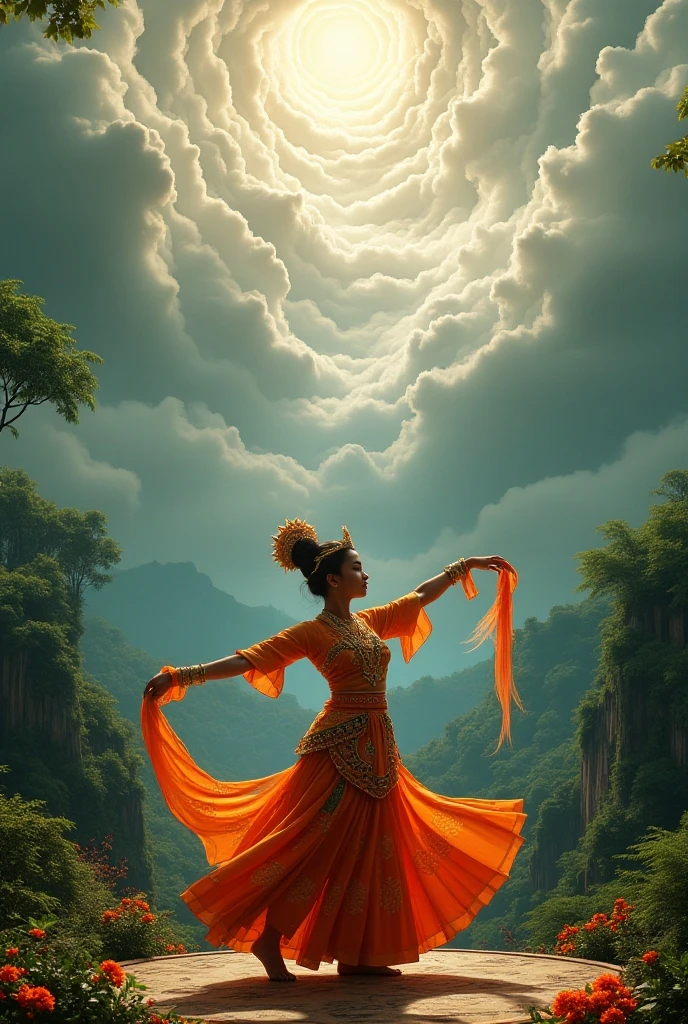 "Create an image of an Indian superhero small girl the age of 6 years old with the power of air. The superhero should have an ethereal and majestic appearance, with elements that suggest their control over the wind and sky. They could be dressed in traditional Indian attire, modified with a futuristic twist to reflect their powers. Flowing fabrics that move as if caught in a gentle breeze would emphasize their connection to the air. Their eyes might glow with a soft, sky-blue light, and their hands could be surrounded by swirling gusts of wind. The background should feature a dynamic sky, with clouds parting or swirling around them, highlighting their control over the elements."