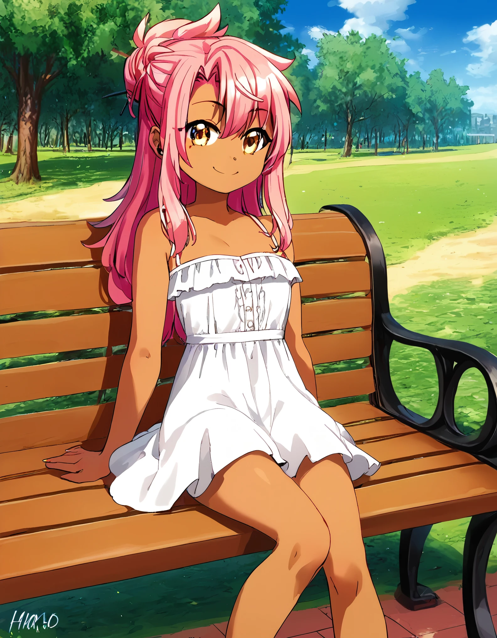 1girl,solo,smile,outdoor,white dress,sitting,bench, chloe,dark_skinned_female,dark_skin,long_hair,pink_hair,yellow_eyes,hair_between_eyes,white_hair,bangs,small_breasts,,harf_updo,one_side_up, young girl, lo.li,