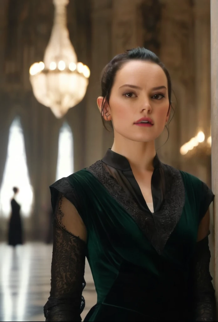 Daisy Ridley is a vampire with a slender and thin body, very thin waist, walks slowly through a gothic hall lit by chandeliers, with antique mirrors lining the walls. Rogue has pale skin, bright red eyes, angular and striking features, with an expressive and elegant face, reminiscent of a classic and intense beauty, with a curvy body, with a proud and elegant posture. She wears a long, tight black velvet dress that accentuates her curves. The dress has lace details on the sleeves and a plunging neckline that highlights your bust. Her dark hair is in a sophisticated pixie cut, perfectly framing her pale, imposing face. The hall is decorated with Baroque-style sculptures and stained glass, while Morganna's reflection in the mirrors is distorted, almost absent, and the shadows around her seem to come to life.