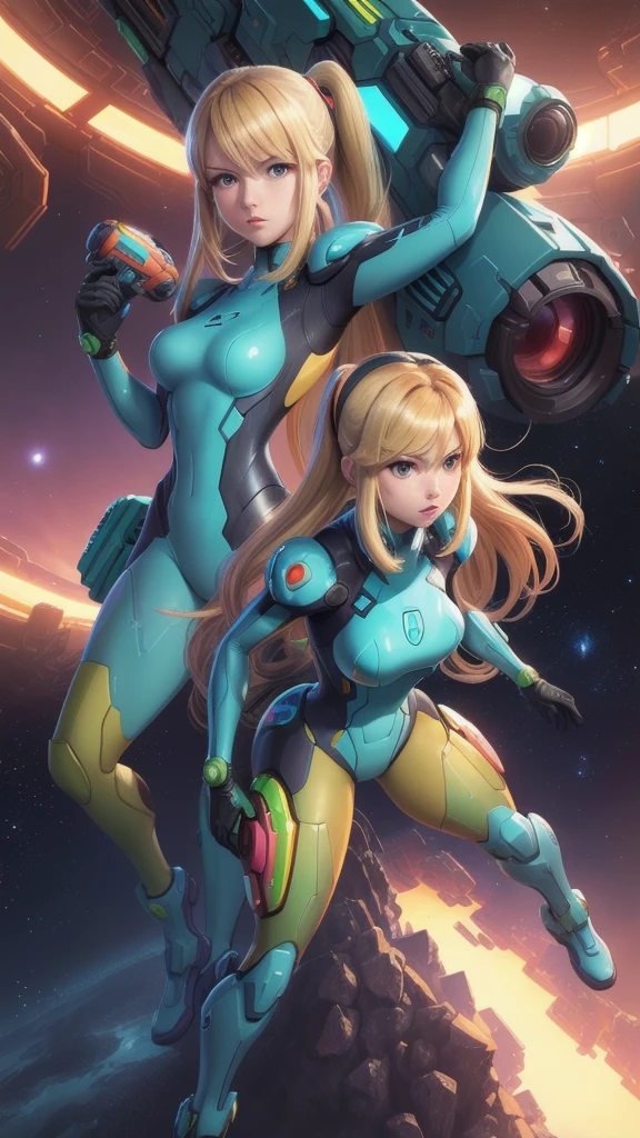 Samus Aran, Metroid, zero suit, desert stage, partial pixel, HD, 4K, 8k, blond, blaster gun.