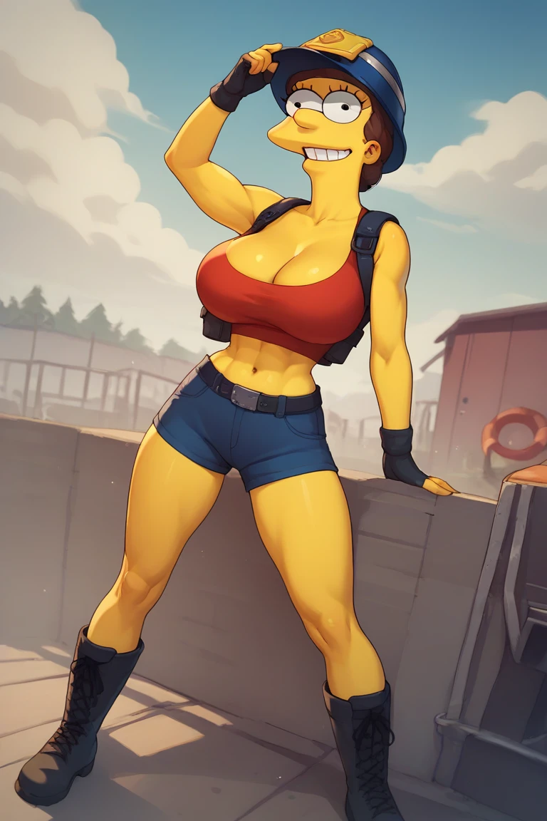 Marge Simpson very beautiful smiling with a super sexy body ((big breasts)) with A female firefighter in a provocative uniform, consisting of a red crop top with reflective details and straps, paired with tight shorts or a short skirt. She wears high combat boots and a classic firefighter helmet. The scene is set in a fire service-related environment, such as a fire station or a fire truck, with a daring touch that highlights the bravery and sensuality of the outfit, while maintaining a bold and attractive style.