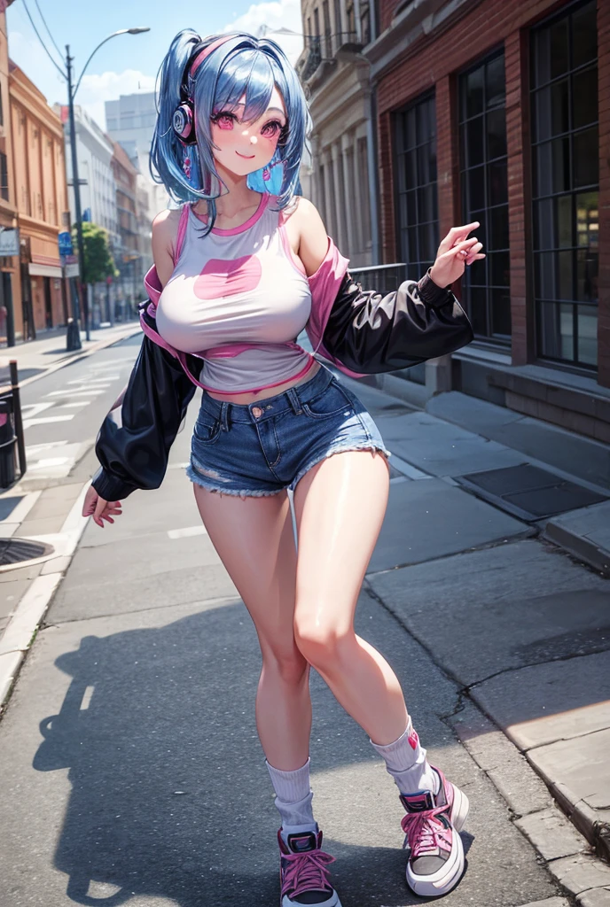 A girl , Large breasts, Earrings, Blue Hair, Smile, Pink Eyes, white skin and wearing headphones, full sleeves black tshirt and cutting in middle sleeve and Jean shorts , wear headphones and shoes and socks 