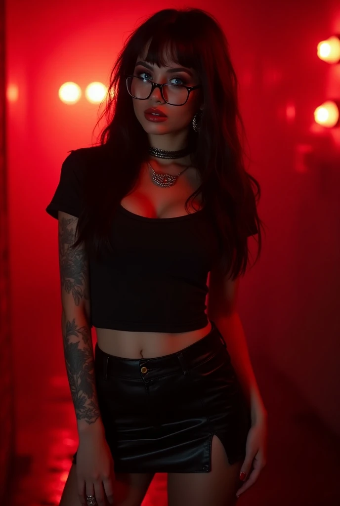 a sexy skinny caucasian nerdy girl glasses elegant black skirt night club setting on the bar neon lights a bit smoky air dark atmosphere red lipstick sexy see thru t-shirt with long sleeve black straight hair super realistic evening mood necklace sexual tension detailed face