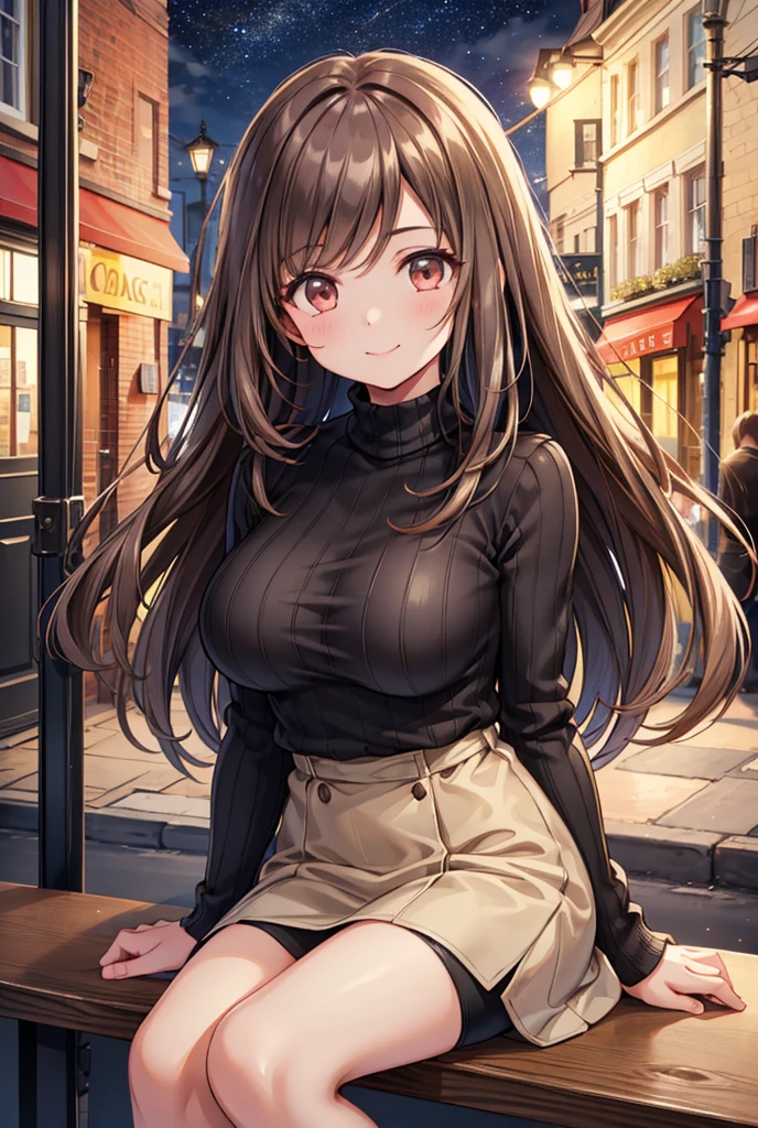  1 girl, solo,  High Resolution , Long Hair, ((Large Breasts)), smile,  brown eyes , Brown Hair, In the streets of England ,  High Resolution , masterpiece, accurate,  anatomically correct, 最high quality,  detail, 高い detail,  high definition models, high quality,  very detailed ,  textured skin,  ultra-fine,  black knitted sweater,  beige miniskirt,  black long boots with black ribbons, Cooking on the desk, Emphasize the upper body,  English restaurants in the streets of England, night,Terrace seats, Starry Sky, autumn, whole body, sit on a chair, 