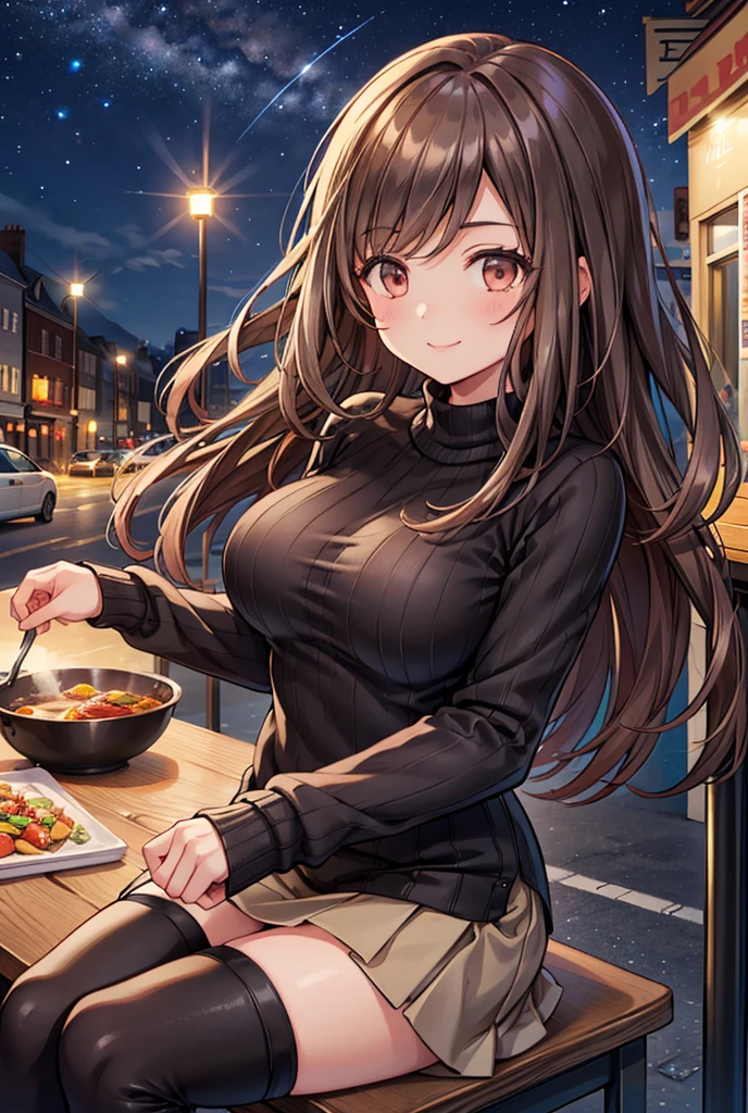  1 girl, solo,  High Resolution , Long Hair, ((Large Breasts)), smile,  brown eyes , Brown Hair, In the streets of England ,  High Resolution , masterpiece, accurate,  anatomically correct, 最high quality,  detail, 高い detail,  high definition models, high quality,  very detailed ,  textured skin,  ultra-fine,  black knitted sweater,  beige miniskirt,  black long boots with black ribbons, Cooking on the desk, Emphasize the upper body,  English restaurants in the streets of England, night,Terrace seats, Starry Sky, autumn, whole body, sit on a chair, 