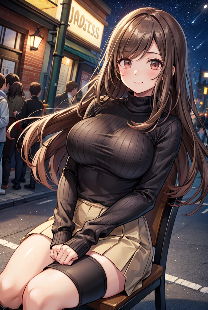  1 girl, solo,  High Resolution , Long Hair, ((Large Breasts)), smile,  brown eyes , Brown Hair, In the streets of England ,  High Resolution , masterpiece, accurate,  anatomically correct, 最high quality,  detail, 高い detail,  high definition models, high quality,  very detailed ,  textured skin,  ultra-fine,  black knitted sweater,  beige miniskirt,  black long boots with black ribbons, Cooking on the desk, Emphasize the upper body,  English restaurants in the streets of England, night,Terrace seats, Starry Sky, autumn, whole body, sit on a chair, 