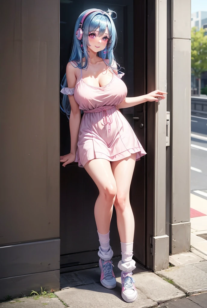 A girl , Large breasts, Earrings, Blue Hair, Smile, Pink Eyes, white skin and wearing headphones,  dress , wear headphones and shoes and socks 