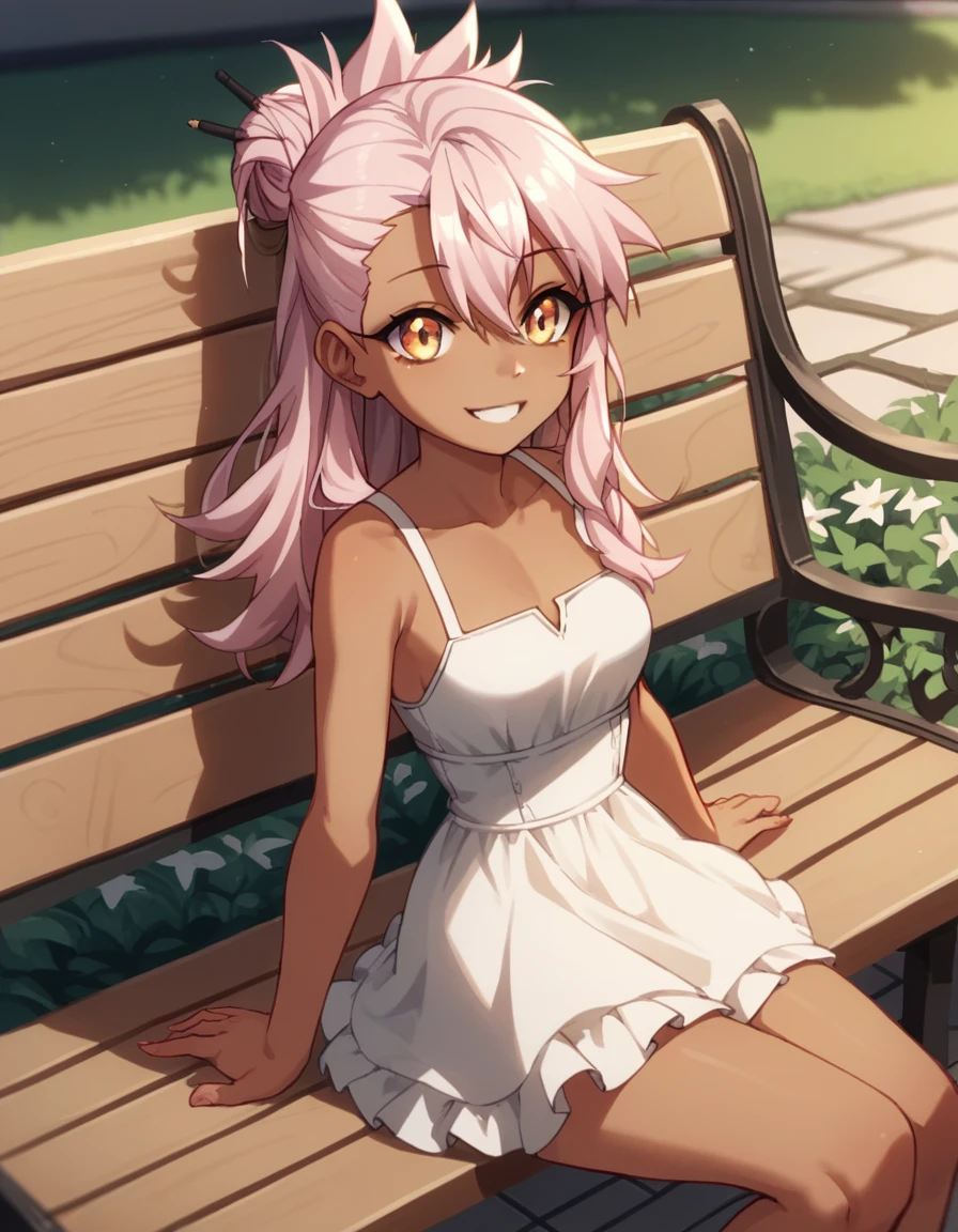 1girl,solo,smile,outdoor,white dress,sitting,bench, chloe,dark_skinned_female,dark_skin,long_hair,pink_hair,yellow_eyes,hair_between_eyes,white_hair,bangs,small_breasts,,harf_updo,one_side_up, loli,